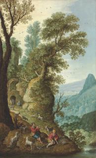 Marten Rijckaert - A mountainous landscape with goatherds in the foreground, and a grotto beyond