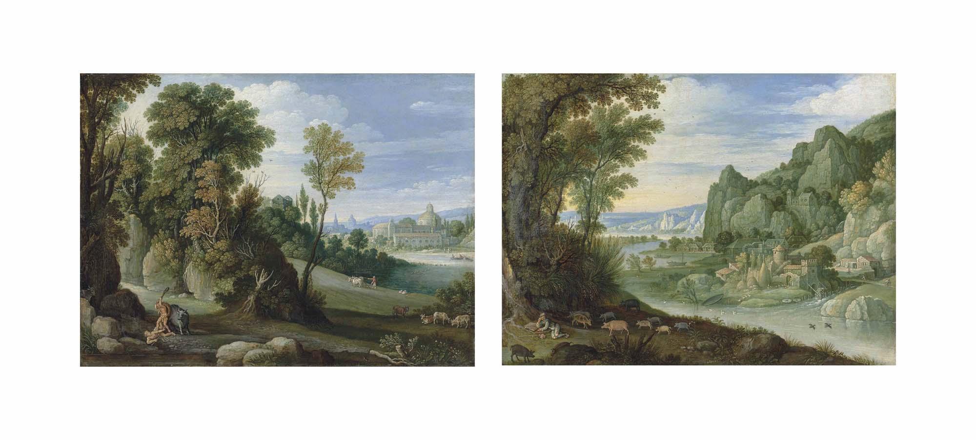 Marten Rijckaert - A Wooded Landscape With Hercules And Cacus; And A Mountainous River Landscape With The Prodigal Son