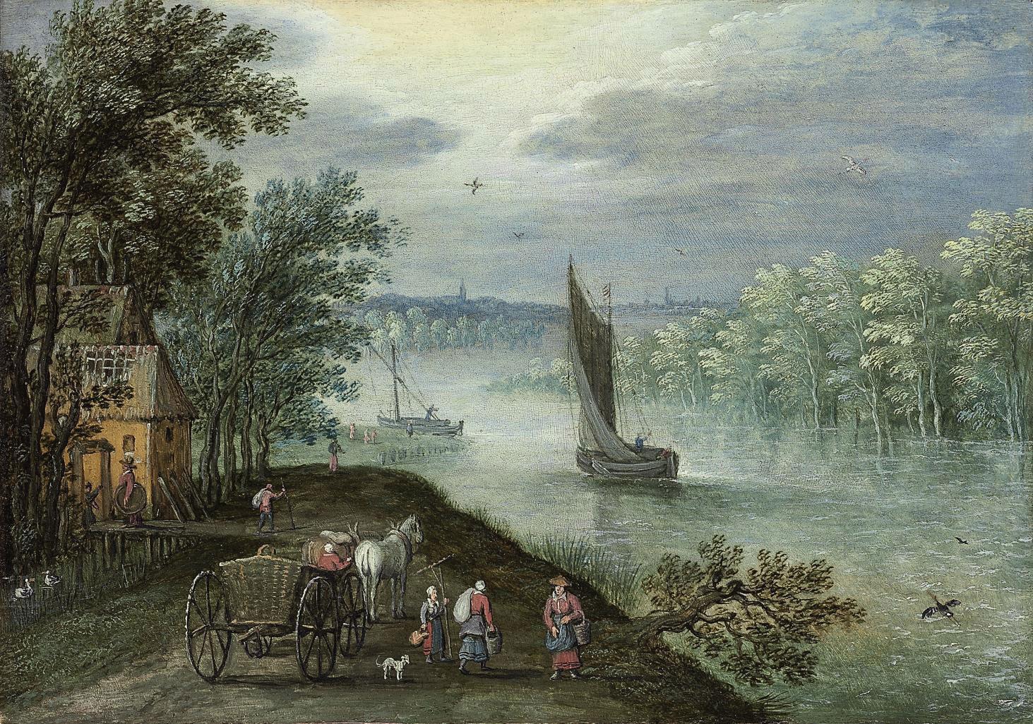 Marten Rijckaert - A wooded, river landscape with a sailing boat, figures with a horse and cart on a track in the foreground