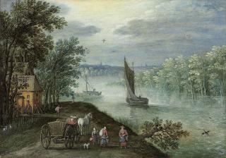 Marten Rijckaert - A wooded, river landscape with a sailing boat, figures with a horse and cart on a track in the foreground