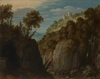 Marten Ryckaert - A mountainous landscape with a waterfall and a castle beyond