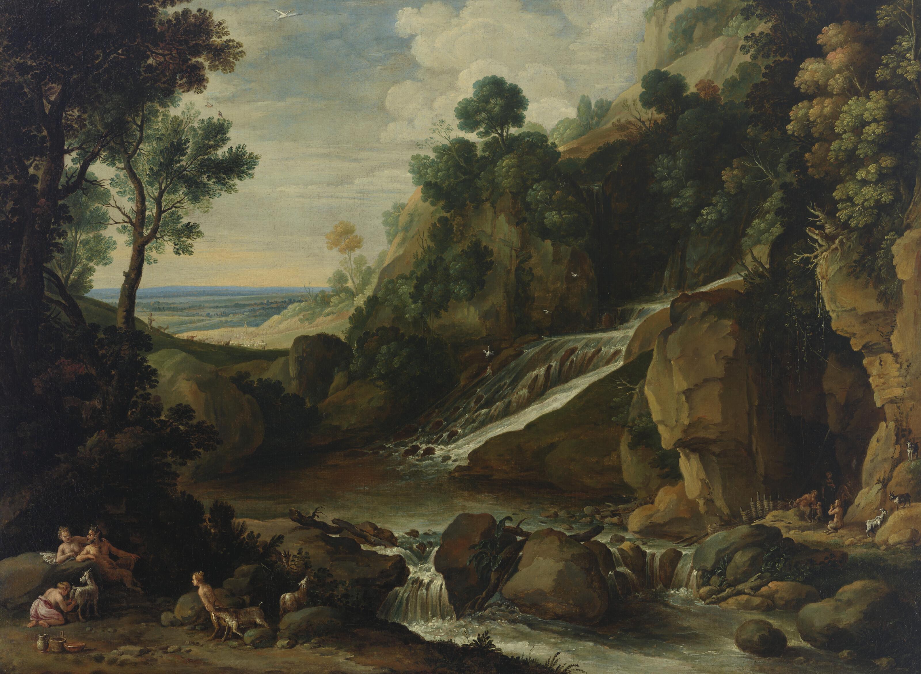 Marten Ryckaert - A rocky landscape with a waterfall, nymphs, and satyrs resting by a river