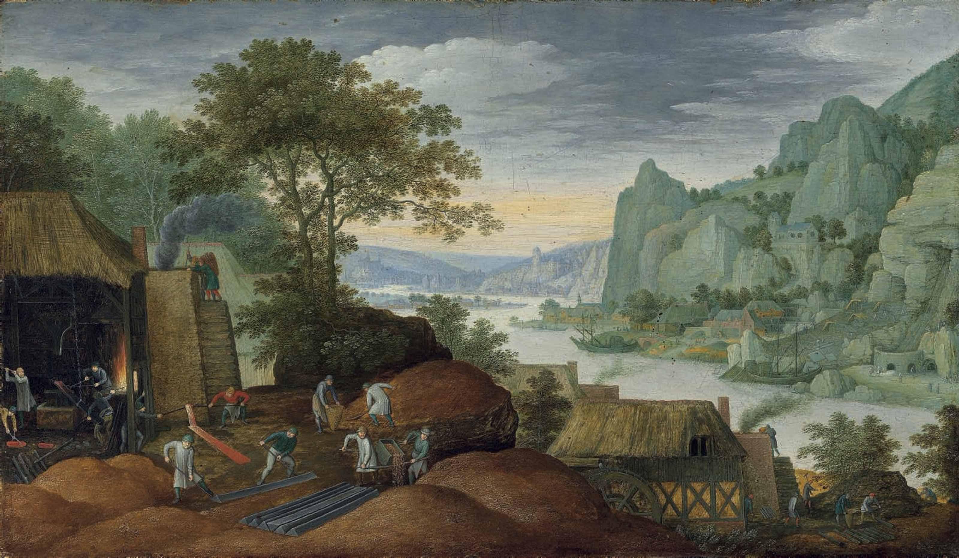 Marten Ryckaert - A rocky landscape with figures by an iron foundry, a river and houses on the bank beyond