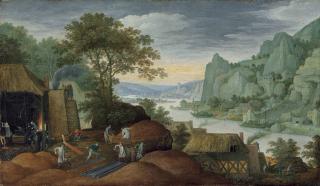 Marten Ryckaert - A rocky landscape with figures by an iron foundry, a river and houses on the bank beyond