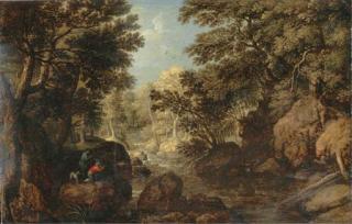 Marten Ryckaert - A wooded river landscape with hunters