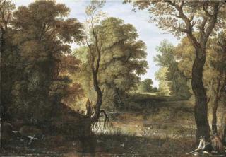 Marten Ryckaert - A wooded river landscape with sportsmen shooting duck