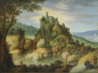 Marten Ryckaert - An extensive rocky river landscape with pilgrims on a path by a castle on a hill