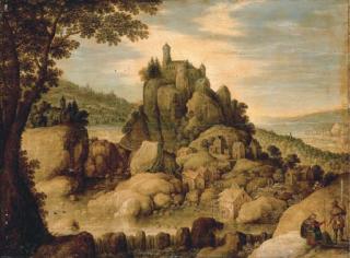 Marten Ryckaert - An extensive rocky river landscape with pilgrims resting on a path