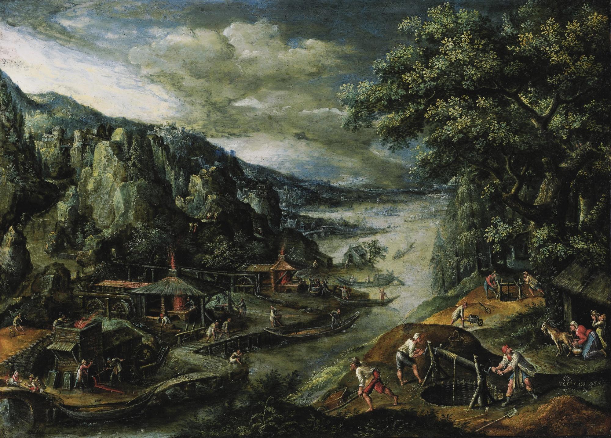 Marten Van Valckenborch I - A River Landscape With Iron-Mining Scenes