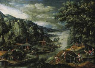 Marten Van Valckenborch I - A River Landscape With Iron-Mining Scenes