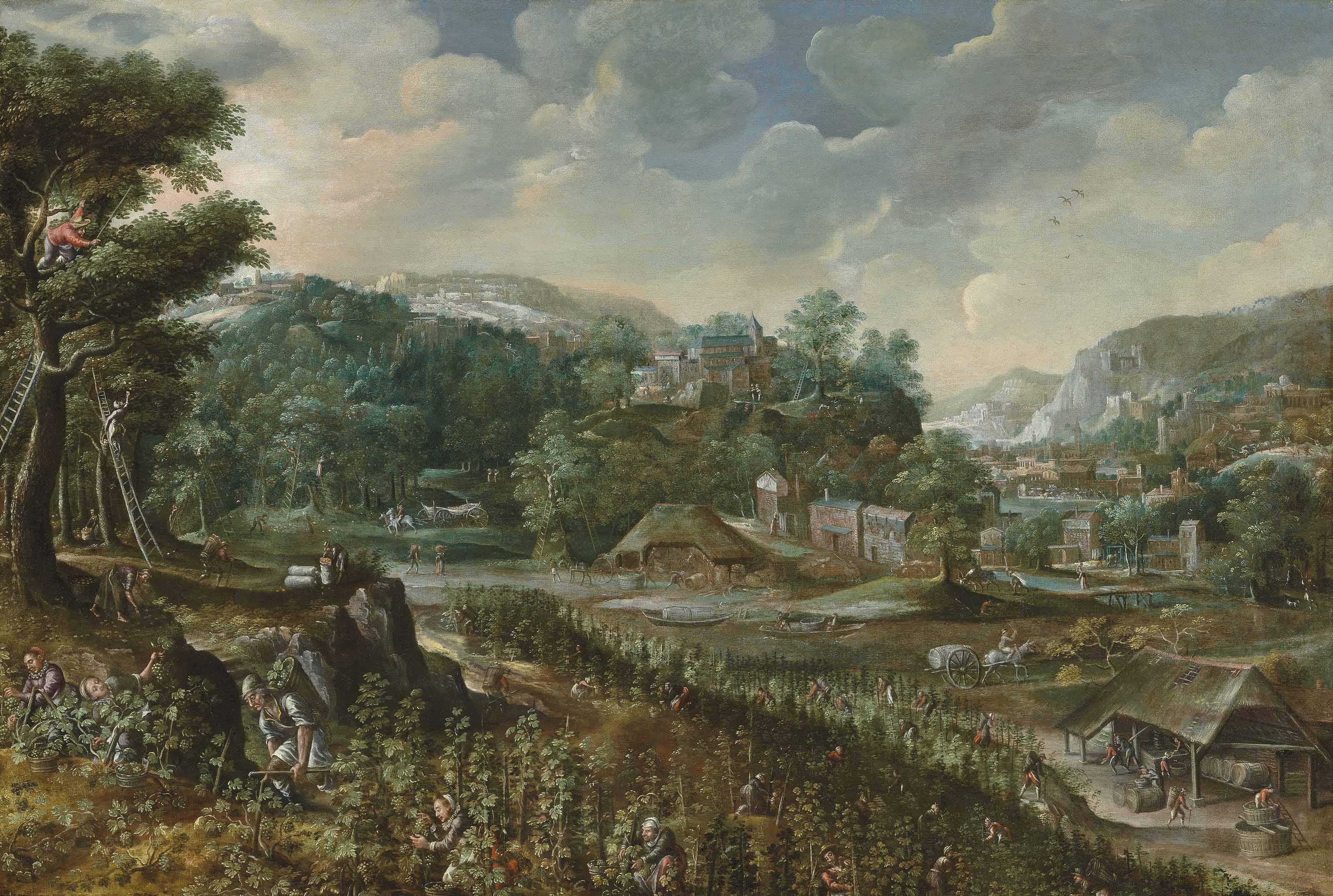 Marten Van Valckenborch I - Allegory of Summer(?): an extensive landscape with peasants harvesting grapes and wine-making, a village beyond