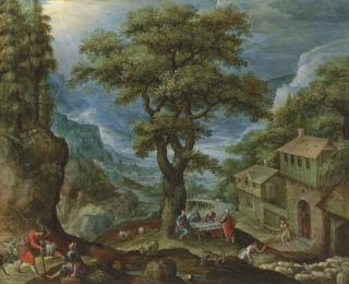 Marten Van Valckenborch I - An extensive, mountainous, river landscape, with Abraham and the Angels