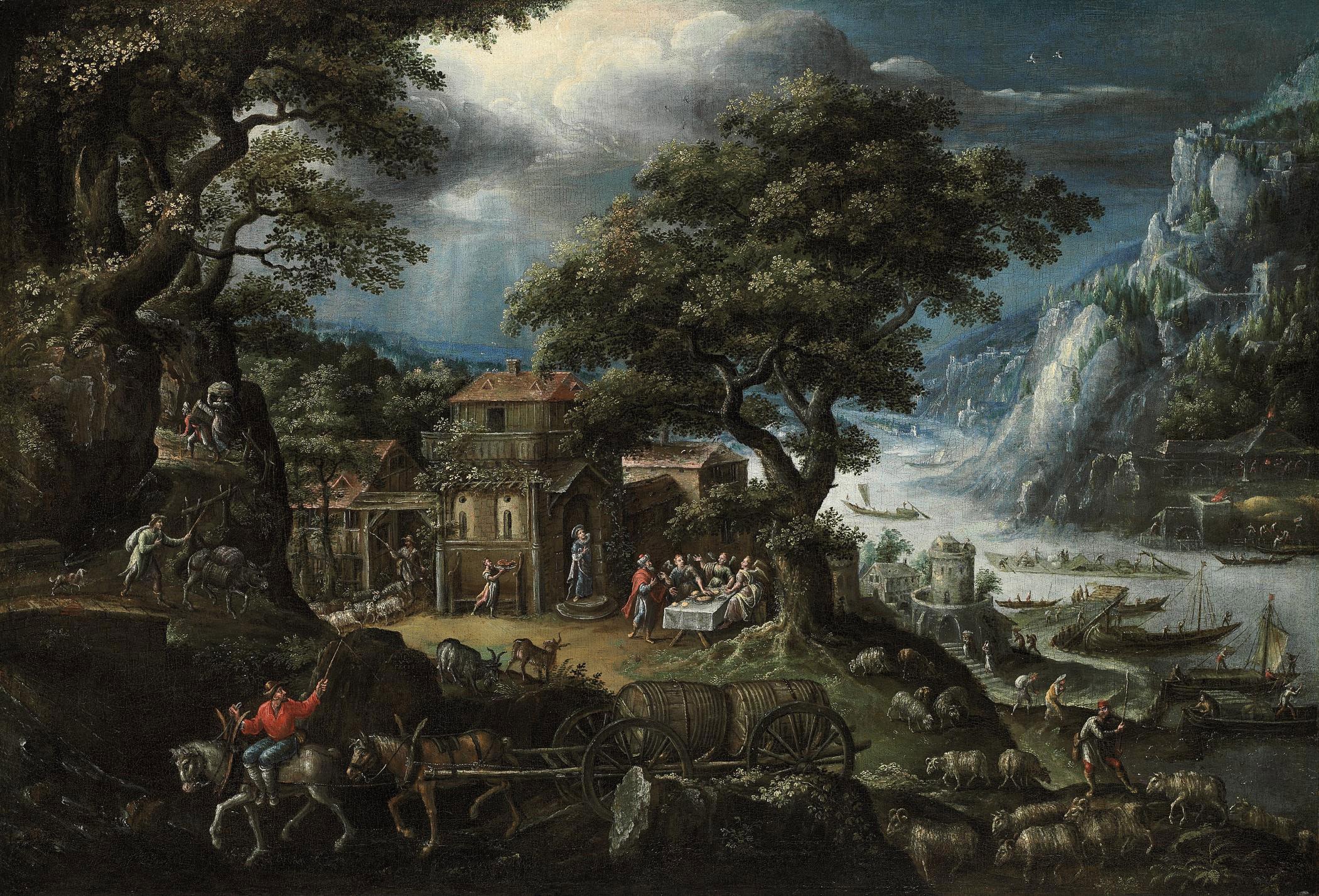 Marten van Valckenborch I - An extensive, mountainous, river landscape, with Abraham and the Angels