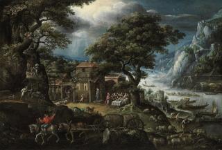 Marten van Valckenborch I - An extensive, mountainous, river landscape, with Abraham and the Angels