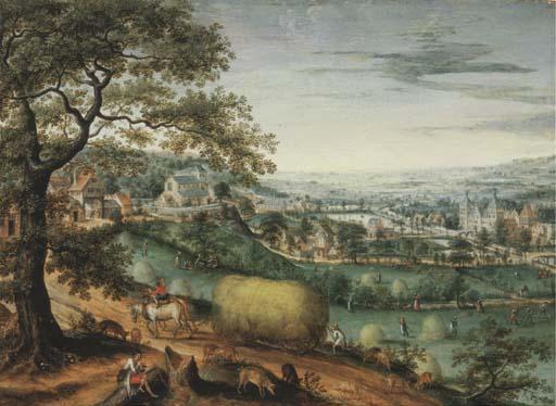 Marten Van Valckenborch - An extensive river landscape with peasants haymaking, a view of Arenberg Castle beyond