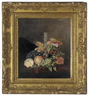 Martha Darley Mutrie - Grapes, roses, peaches, cherries, strawberries and a glass vase, on a table