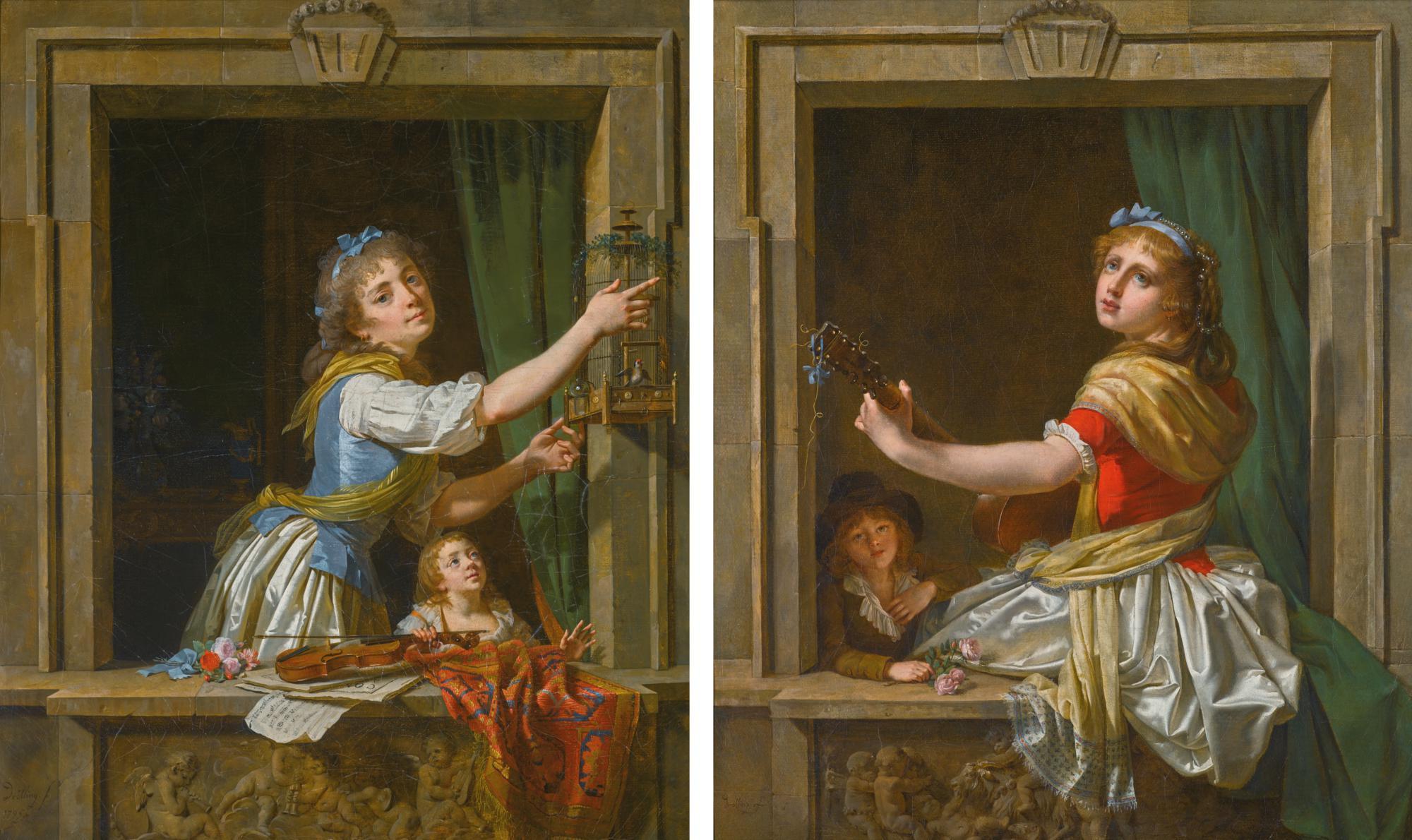Martin Drölling - A Young Woman Setting A Bird Free From A Cage At An Open Window; And A Young Woman With A Guitar Seated At An Open Window