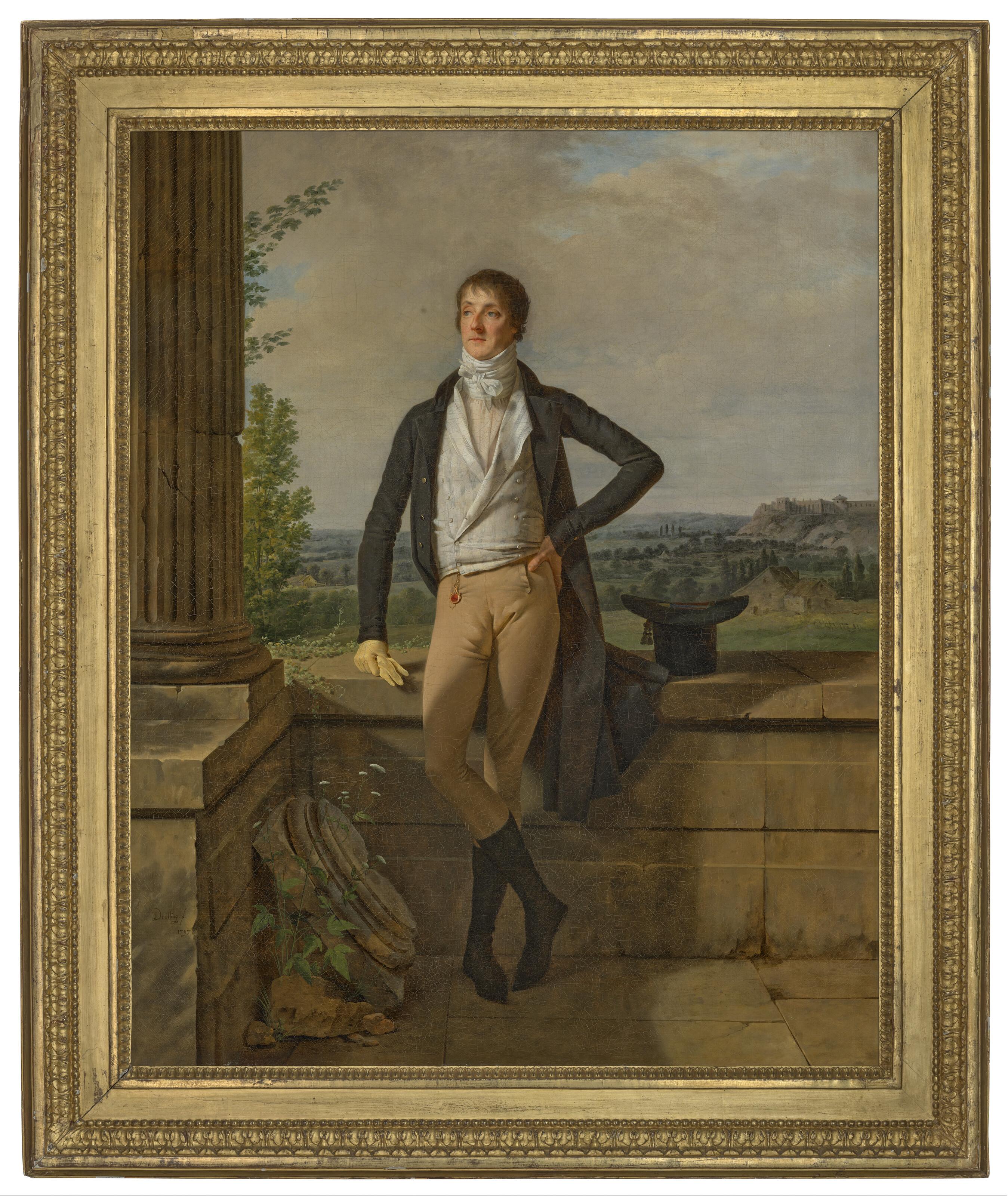 Martin Drölling - Portrait of Barthélémy Charles, Comte de Dreux-Nancré (1760-1863), small full-length, standing in front of a balustrade, a landscape beyond