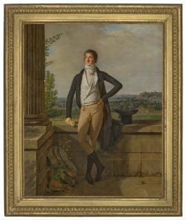 Martin Drölling - Portrait of Barthélémy Charles, Comte de Dreux-Nancré (1760-1863), small full-length, standing in front of a balustrade, a landscape beyond