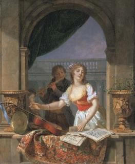 Martin Drolling - A young lady reaching for a guitar at a stone casement and a boy playing the flute beyond