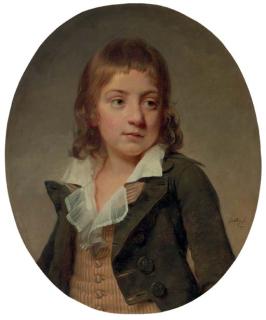 Martin Drolling - Portrait of a young boy, bust length, in a striped vest and grey jacket