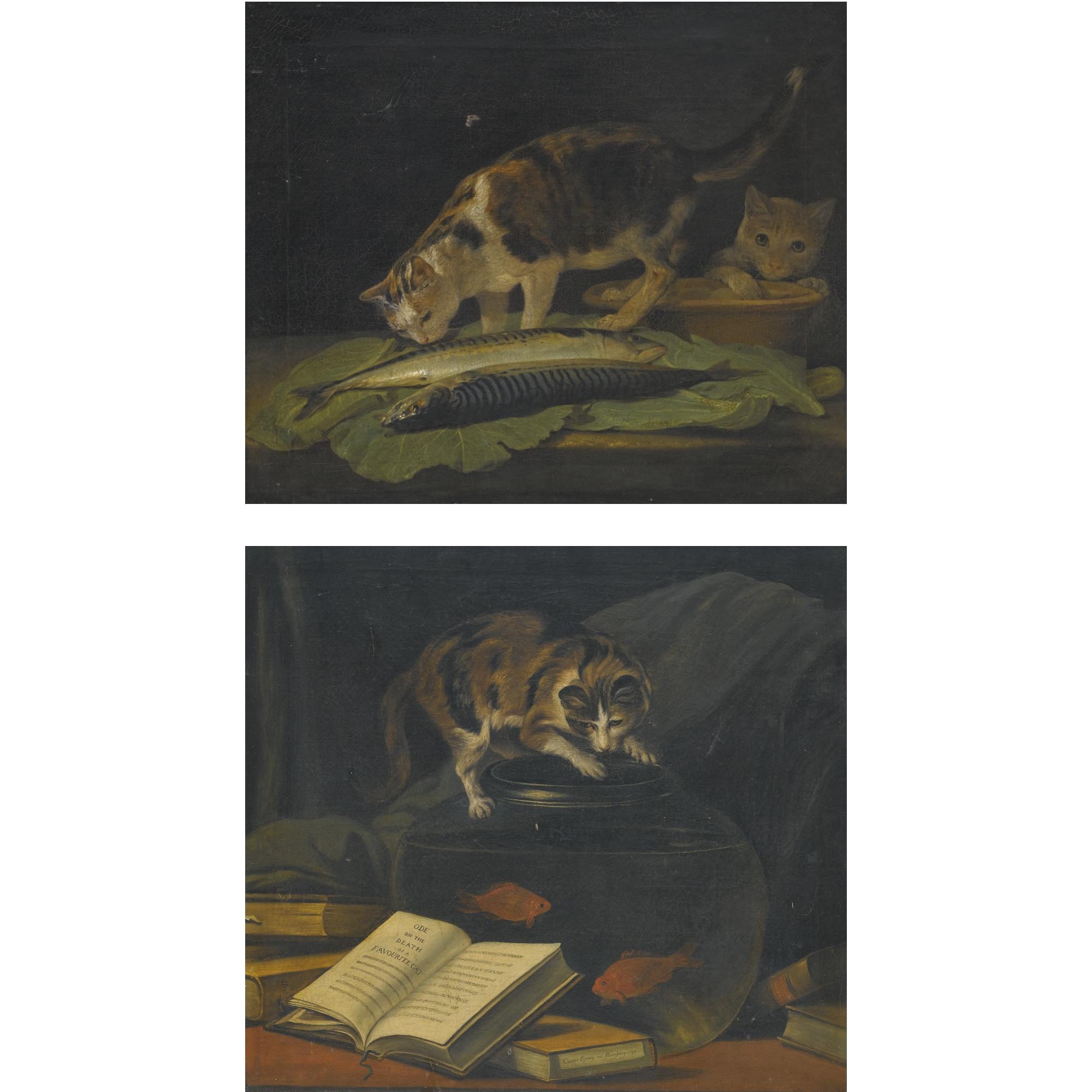 Martin Ferdinand Quadal - A Still Life With A Cat Examining Two Fish On A Table And A Cat Exploring An Earthenware Bowl; A Still Life Of A Book With A Cat Crouching Over A Glass Goldfish Bowl