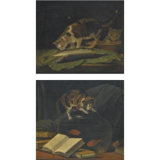 Martin Ferdinand Quadal - A Still Life With A Cat Examining Two Fish On A Table And A Cat Exploring An Earthenware Bowl; A Still Life Of A Book With A Cat Crouching Over A Glass Goldfish Bowl
