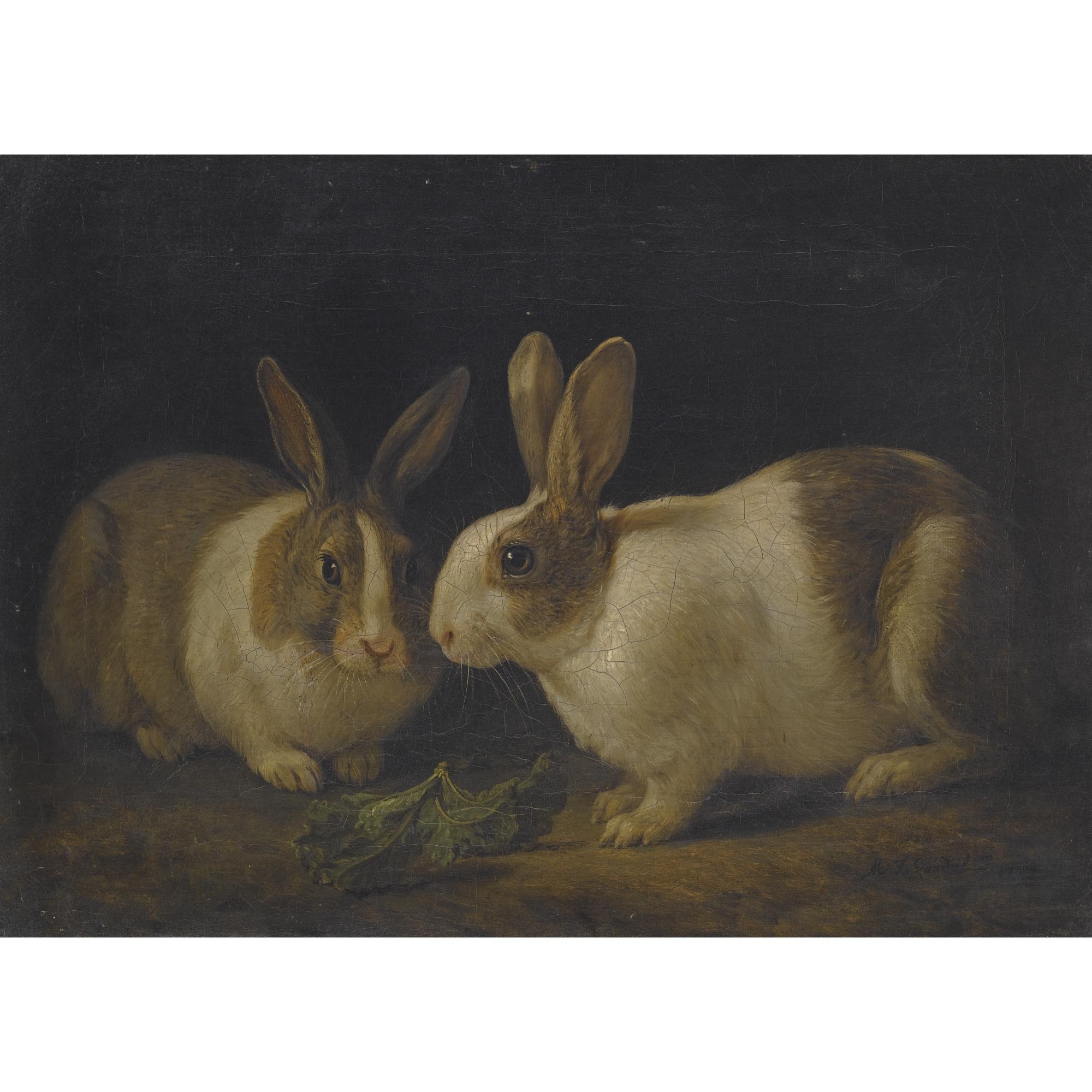 Martin Ferdinand Quadal - Two Dutch Rabbits With A Cabbage Leaf