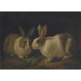 Martin Ferdinand Quadal - Two Dutch Rabbits With A Cabbage Leaf