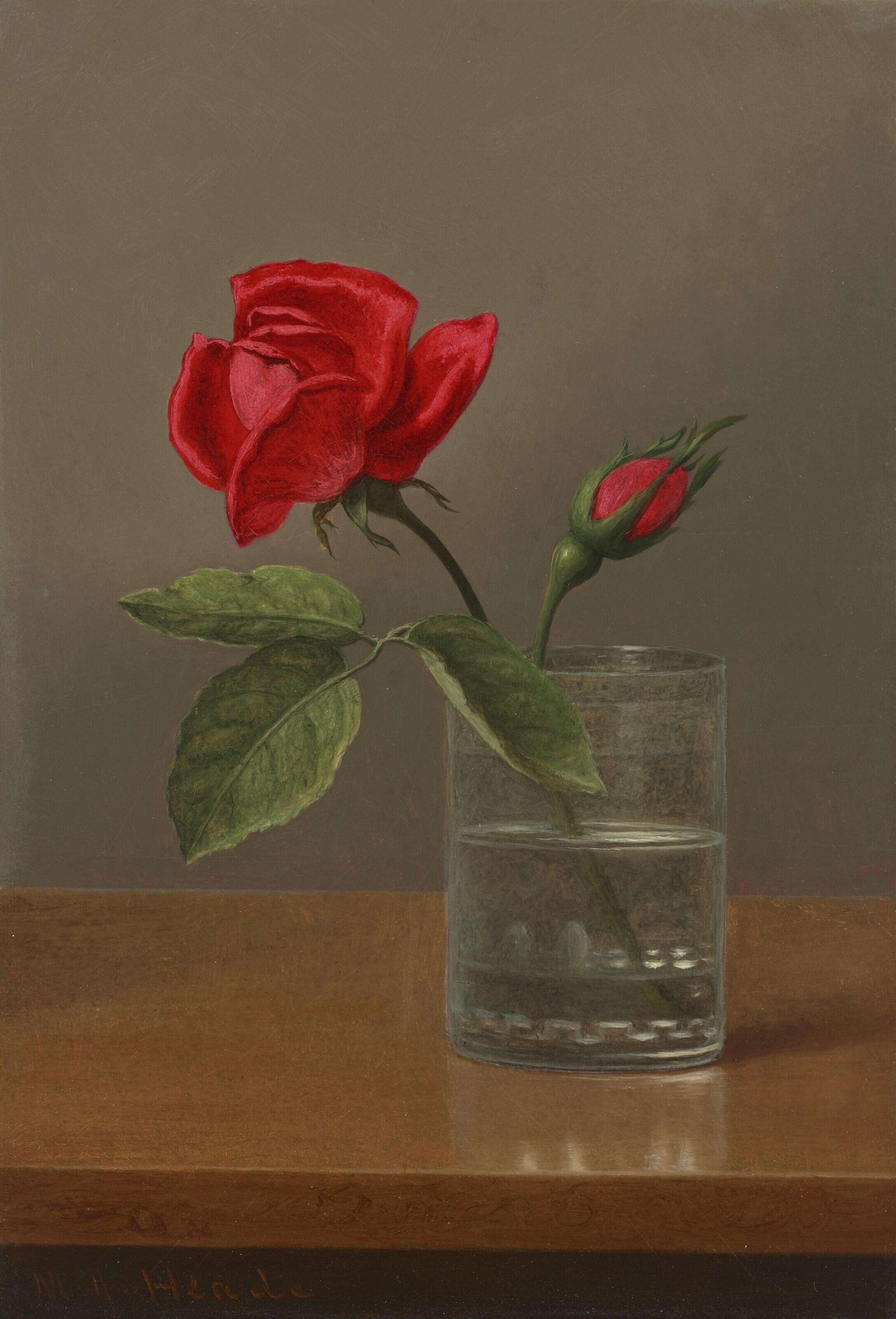 Martin Johnson Heade - Red Rose and Bud in a Tumbler on a Shiny Table