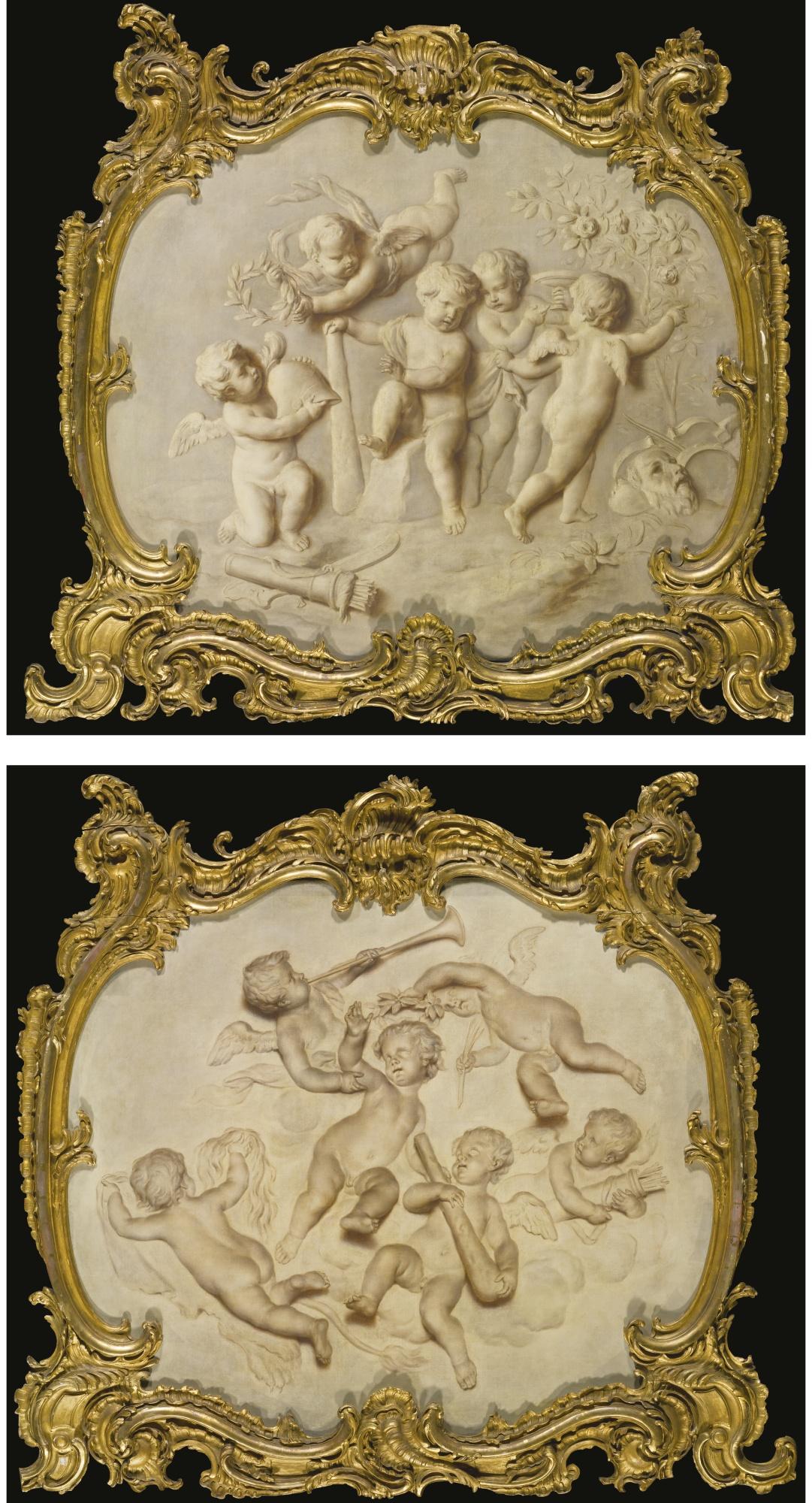 Martin Jozef Geeraerts - The Infant Hercules With Putti Carrying Musical Instruments, A Quiver And A Laurel Wreath; The Infant Hercules With Putti Carrying A Helmet And A Laurel Wreath, With Flowers, A Quiver And An Antique Mask