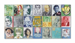 Martin Kippenberger - Bekannt durch Film, Funk, Fernsehen und Polizeinotrufsäulen (A celebrity in film, radio, television and police call boxes)        Left to right, top to bottom:    (i) Peter Kraus    (ii) A. E. ?    (iii) Das ist Gabriela Manzon