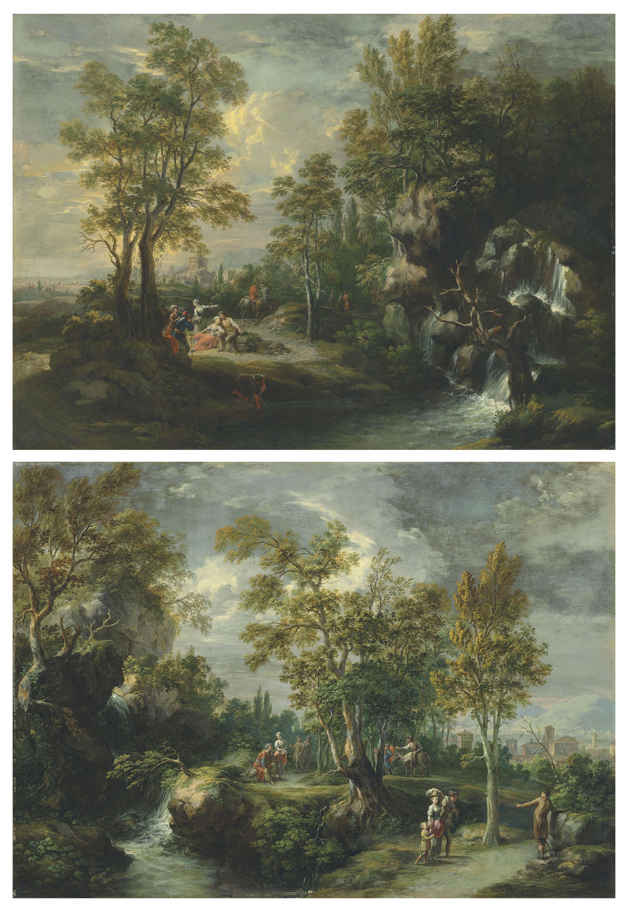 Martin Knoller - An extensive wooded landscape with figures by a waterfall, a town beyond; and Travellers resting by a waterfall, a town beyond