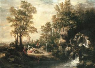Martin Knoller - Peasants resting by a waterfall