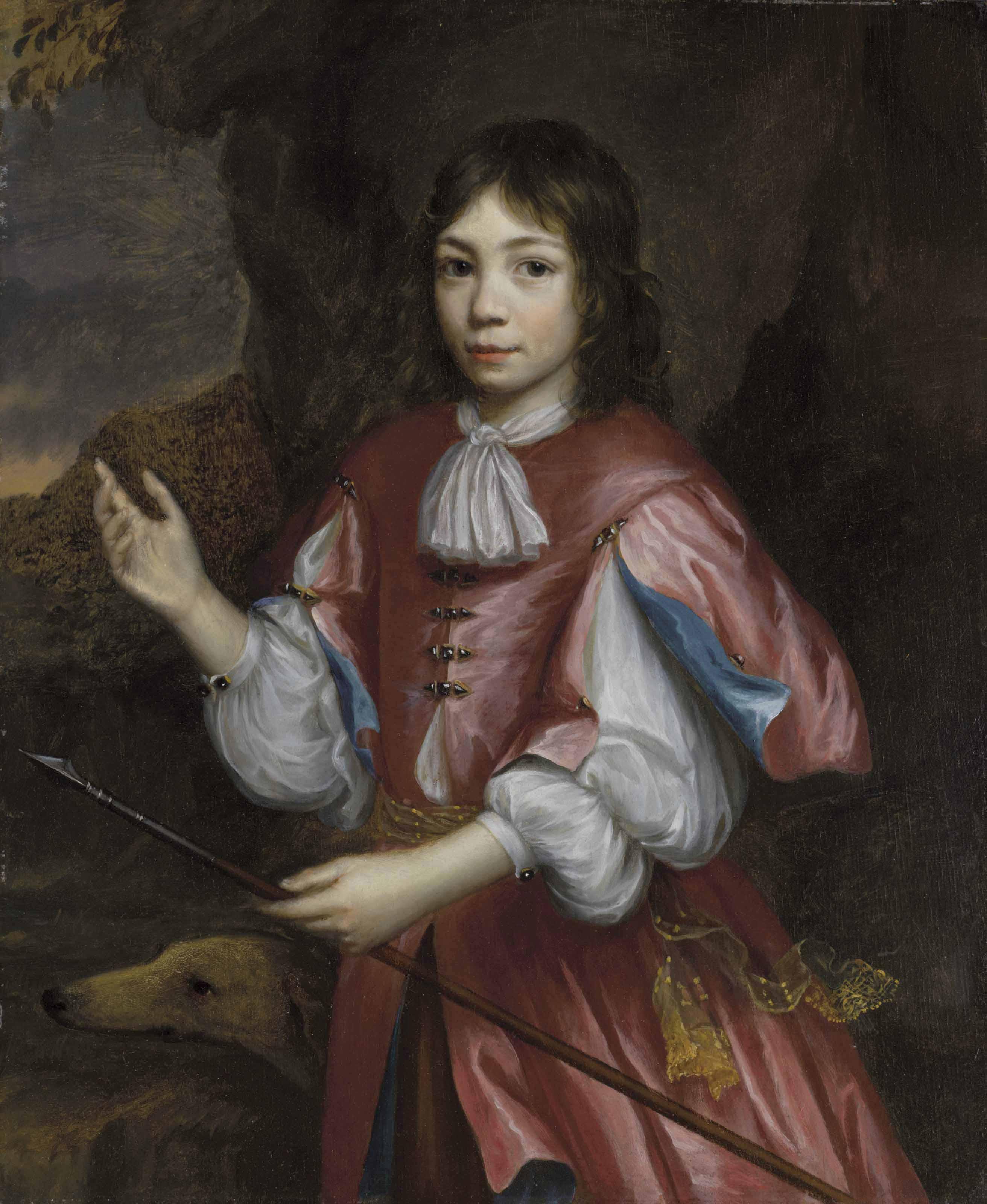 Martin Mijtens I - Portrait Of A Boy With A Dog And Spear, Three-Quarter-Length, A Rocky Landscape Beyond
