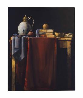 Martin Mooney - Still life with books and draped cloth on a table