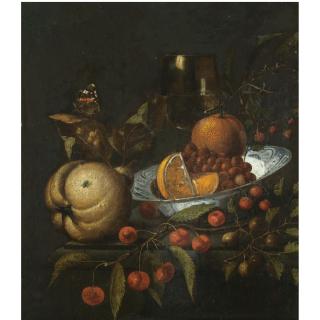 Martin Nellius - A Still Life With Oranges And Wild Strawberries In A Blue And White Porcelain Bowl, Together With Gooseberries, Cherries, A Roemer Of Wine, A Pear And A Butterfly On A Stone Ledge