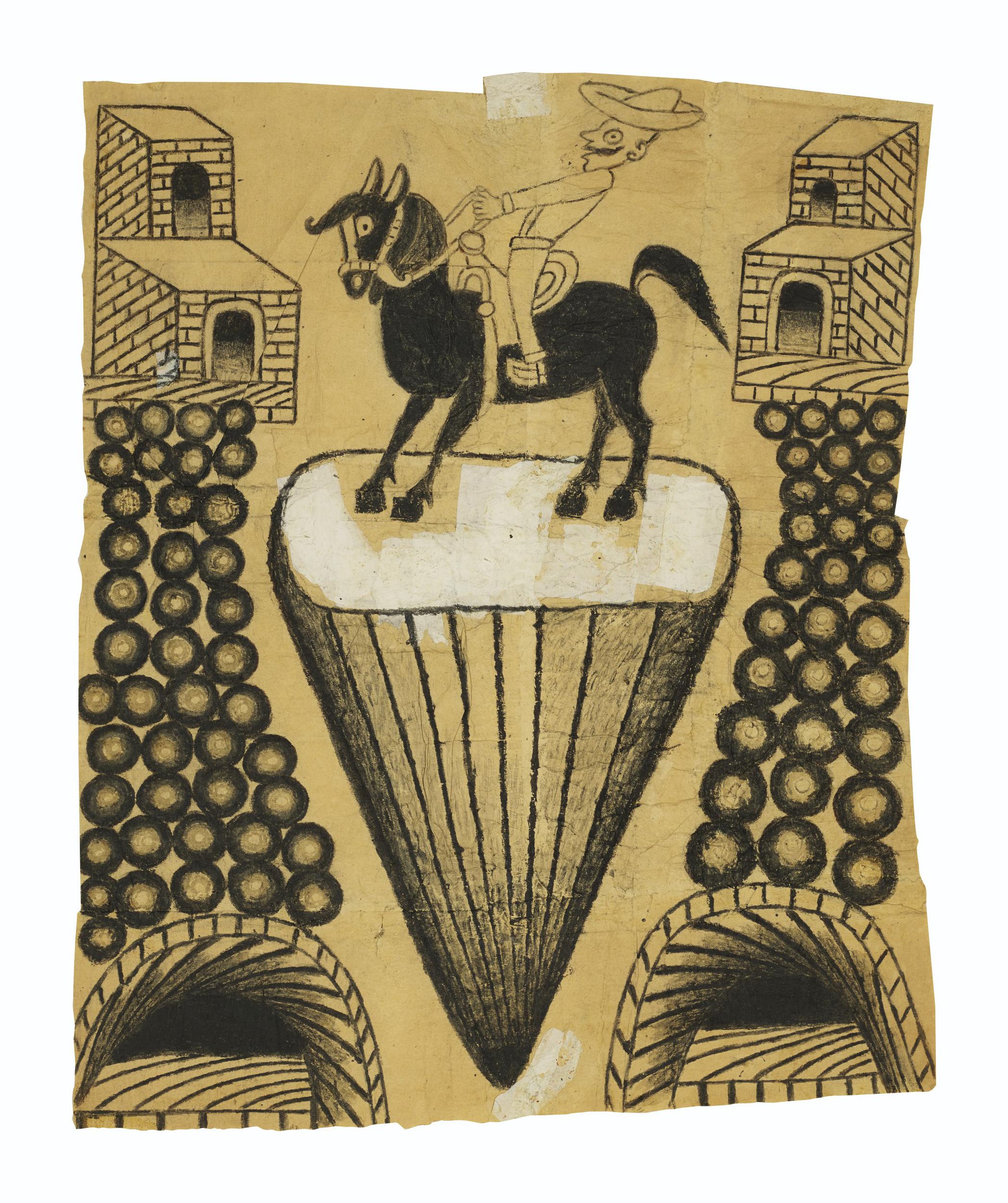 Martín Ramírez - Untitled (Abstracted Landscape with Horse and Rider), circa 1960-1963