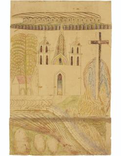 Martín Ramírez - Untitled (Church and Cross), circa 1953