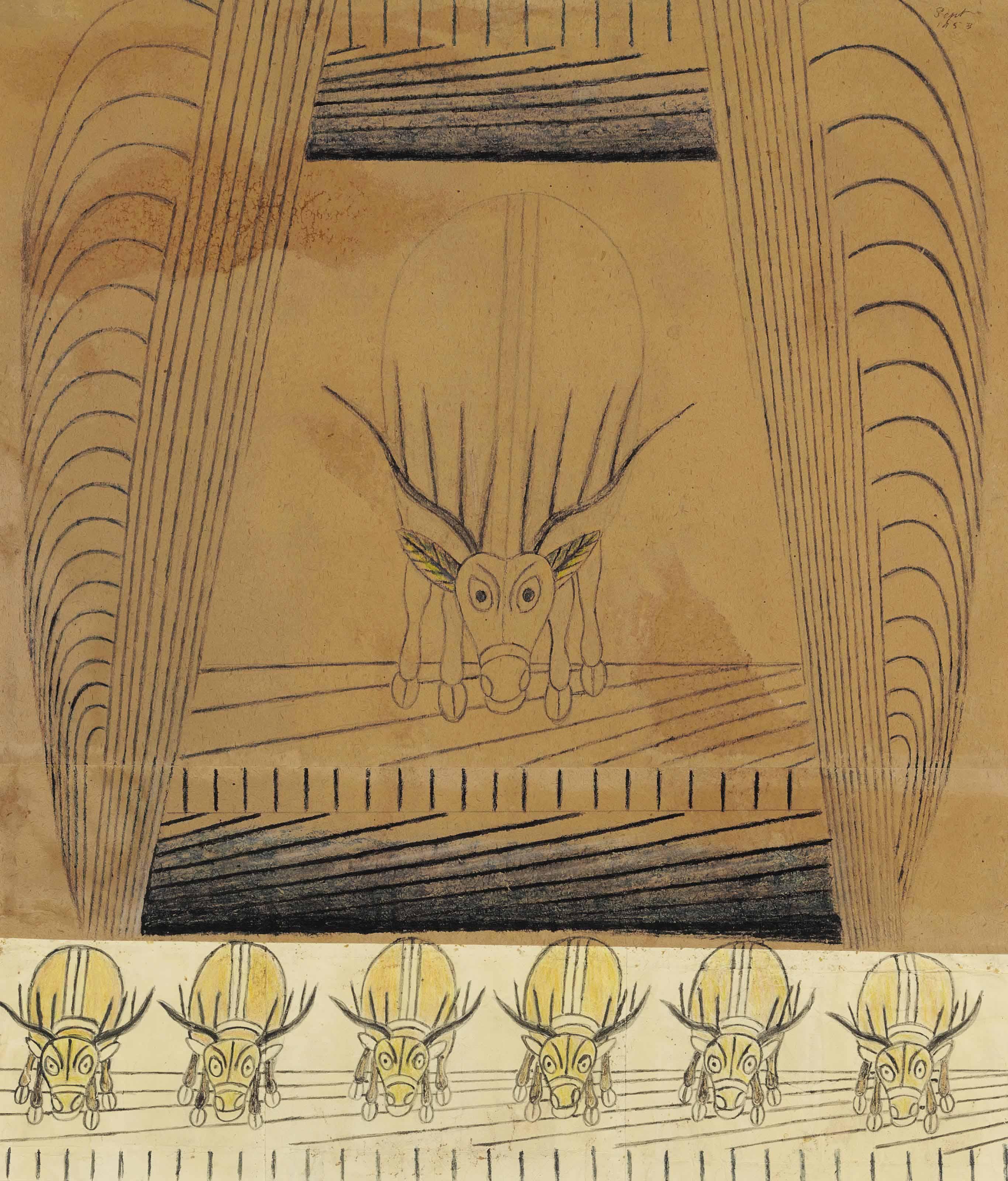 Martín Ramírez - Untitled (Seven Stags), 1953