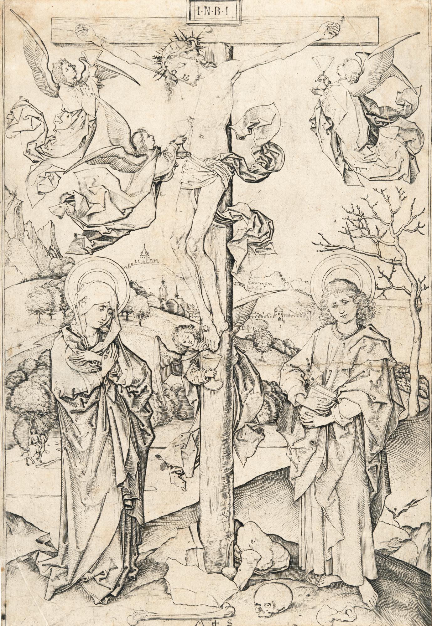 Martin Schongauer - Christus am Kreuz mit vier Engeln