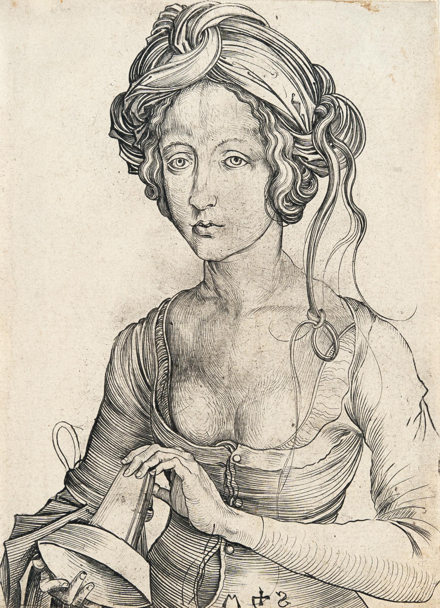 Martin Schongauer - Eine der Törichten Jungfrauen in Halbfigur