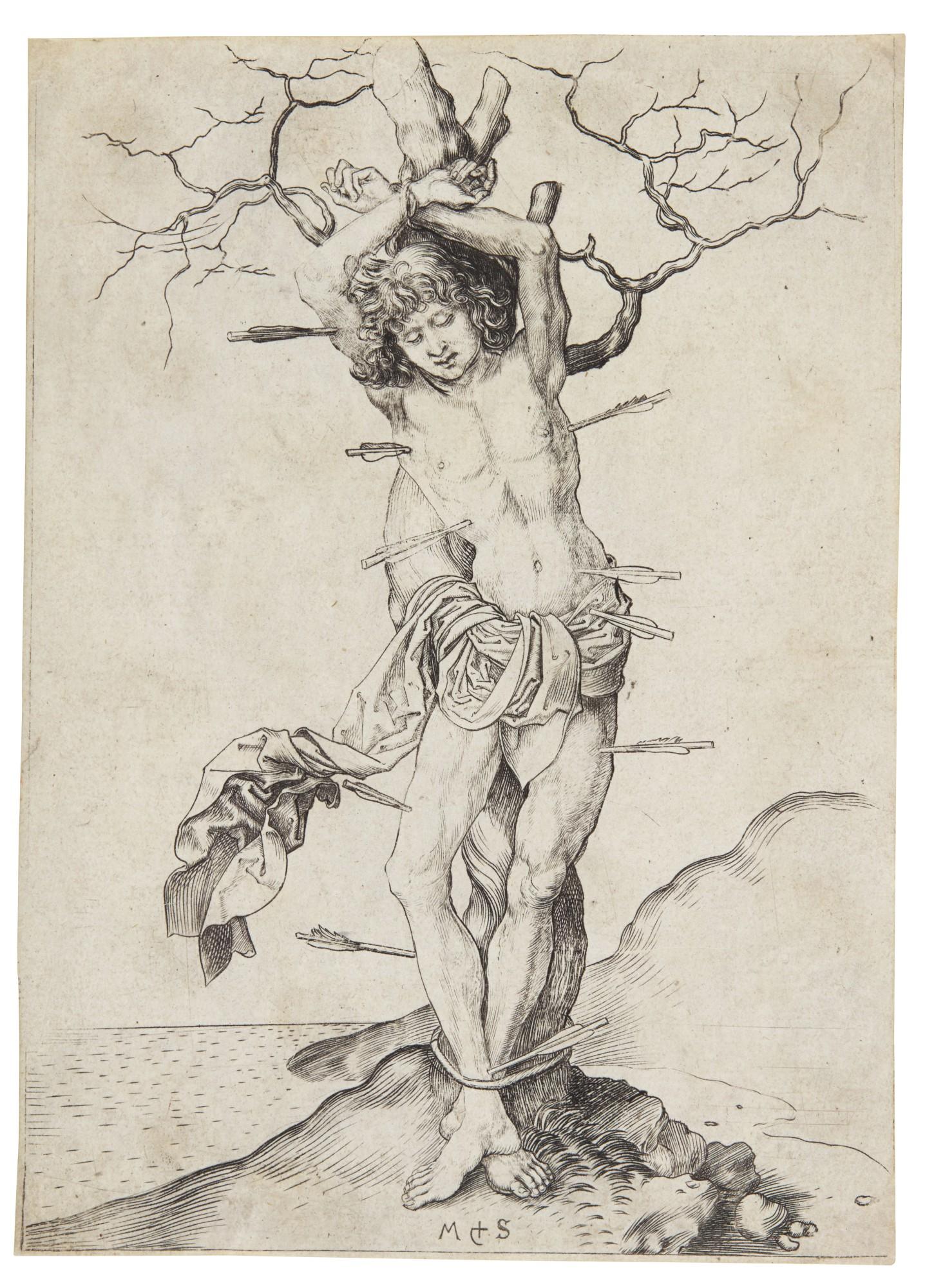 Martin Schongauer - St Sebastian (large) (Bartsch 59; Lehrs, Schmitt, Stogdon (Hollstein) 65)