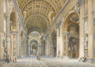 Martino Del Don - Vue de L\'Intérieur de la Basilique Saint-Pierre À Rome, Trois Prêtres Au Centre
