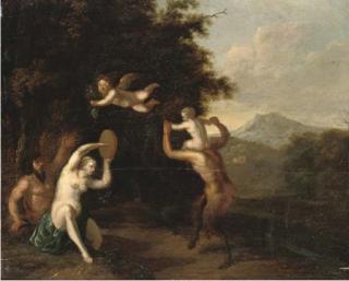 Martinus de la Court - A wooded landscape with satyrs and a nymph dancing