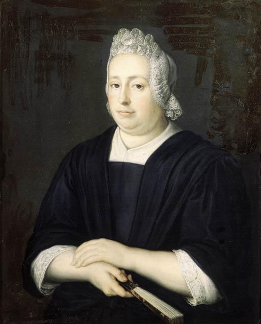 Martinus De La Court - Portrait of a lady, half-length, wearing a black dress with lace chemise and bonnet, holding a fan