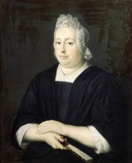 Martinus De La Court - Portrait of a lady, half-length, wearing a black dress with lace chemise and bonnet, holding a fan