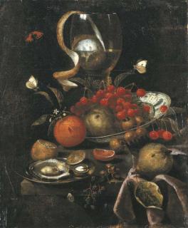 Martinus Nellius - A partly-peeled lemon in a giant roemer, a Wan-li dish with cherries, apples and oranges, and a pewter plate with oysters and a walnut, with a pear, blackberries and butterflies on a partly draped stone ledge