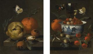 Martinus Nellius - A Pear, An Orange, Medlars And Half A Walnut On A Stone Ledge, A Cabbage White Butterfly Above; A Chinese Porcelain Bowl With Strawberries, Cherries, An Orange And A Roemer Glass On A Ledge, Together With Two Butterflies