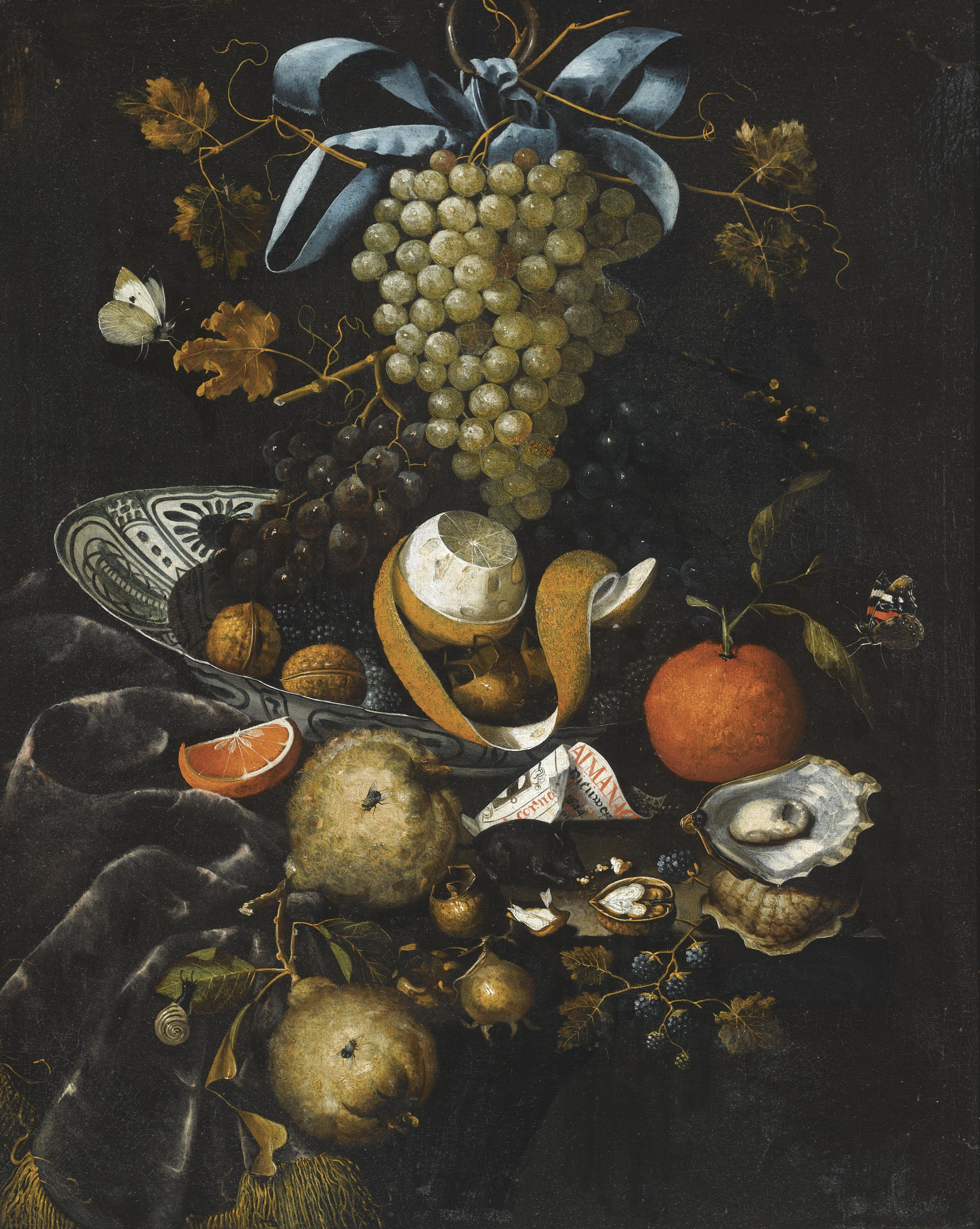 Martinus Nellius - A Still Life Of Blue And White Grapes, Walnuts, A Half-Peeled Lemon And Blackberries In A Wan-Li Porcelain Bowl, Together With A Mouse, A Butterfly And Other Objects